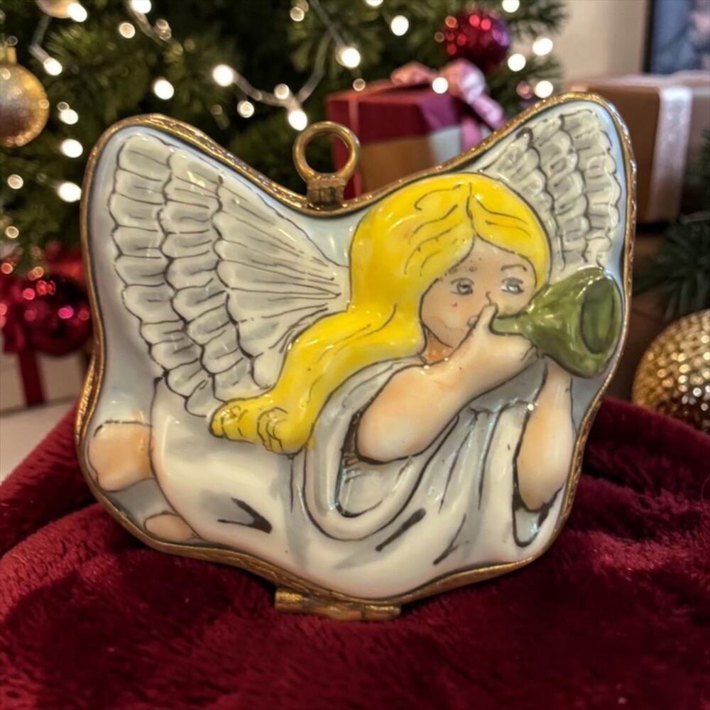 Limoges Angel Trumpet Christmas Trinket Box Hand Painted Porcelain France